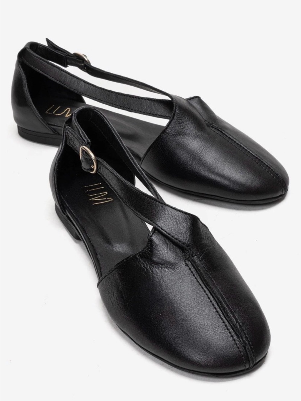 Women's Black Leather Slingback Flats with Ankle Strap